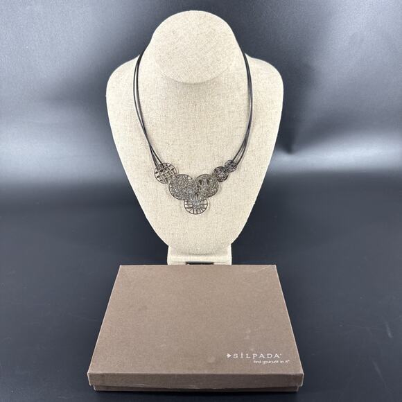 Retired Silpada Sterling Mod FILIGREE ART Circles CZ Leather Cord Necklace N2343 - Picture 1 of 15